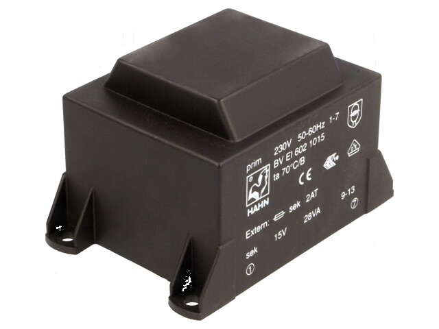 Transformator: ingegoten; 28VA; 230VAC; 15V; 1867mA; PCB; BVEI Transformator: ingegoten; 28VA; 230VAC; 15V; 1867mA; PCB; BVEI
